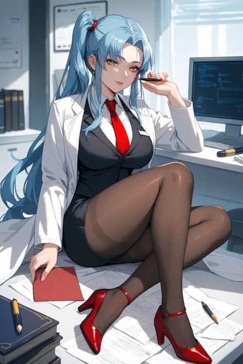 best quality, masterpiece, extremely detailed, highres, 1girl, solo, amazing quality, AngelaLC, long hair, side ponytail, blue hair, yellow eyes, red necktie, black pencil skirt, labcoat, black vest, white shirt, black pantyhose, red shoes, big breasts, mi...