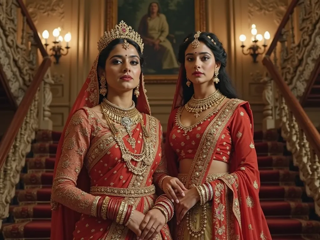 The scene unfolds in the majestic staircase of a north indian palace of 1940s. A 60 year old indian queen stands there in royal indian attire, with her butiful 25year old daughter who looks like Kangana ranaut, and her  cute and handsome grandson prince. a...