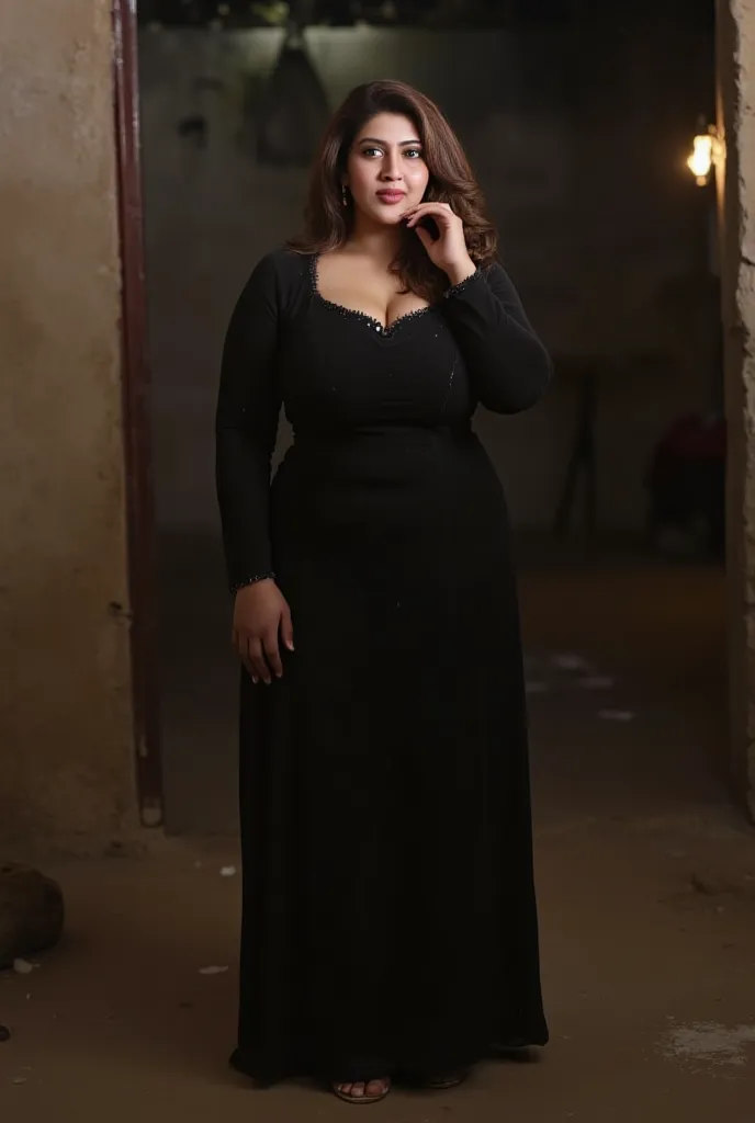 Front pose, pakistani chubby plump bbw voluptuous mature housewife,(masterpiece, best quality:1.2), black hijab, long black cotton Abaya burka, huge breasts, horny aroused look, brown hair, large breasts, seductive biting lips, photorealistic, detailed fac...