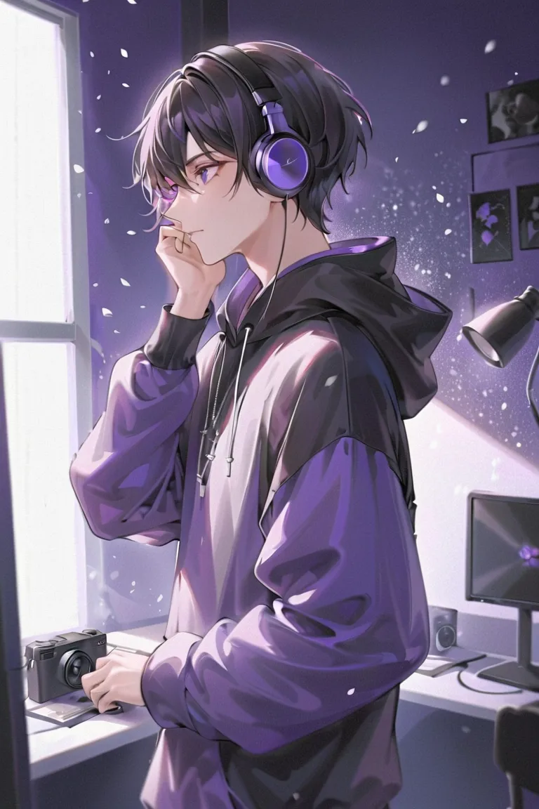 Masterpiece, Best Quality, High Quality, Illustration, High Resolution, Latest, Absurd, High Resolution, 4K,
BREAK
Young man in his 20s, male, solo, Asian, 23 years old, (wearing a black loose hoodie), (black short hair). (((purple eyes))), (wearing headph...