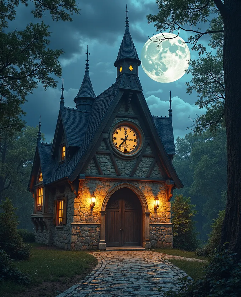 (Best quality,high resolucion),(Realstic:1.37),Enchanted,Horloge de la tour,Beautiful old witch,castle,jardin,Mysterious,Nuit au clair de lune,secular,immense porte en bois,Murs de pierre,lierre rampant,ancien,bewitching,Enchanted Forest,majestueux,etherea...