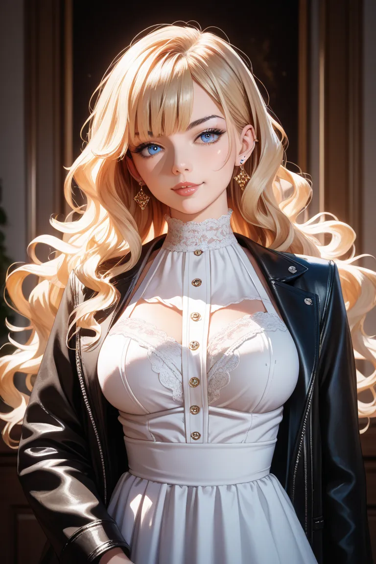 Blonde long perm with bangs, red piercings, blue eyes, black jacket, white blouse, big breasts, older sister, anime style