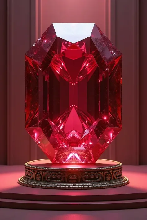 A large ruby displayed on a pedestal