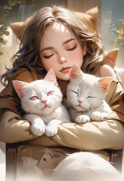 painting of two white Cats laying on a chair with their heads resting on each other, Cats sleeping, cute Cats, Beautiful picture of a friend , two Cats, illustration of 2 Cats, Beautiful , adorable digital painting , Cat. digital painting , high quality di...