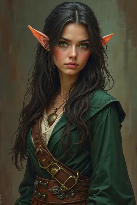 Create a Halfiling woman with green eyes brunette 85 cm tall long brown hair, Thief and Bard by D&D with human ears and an almost black brunette