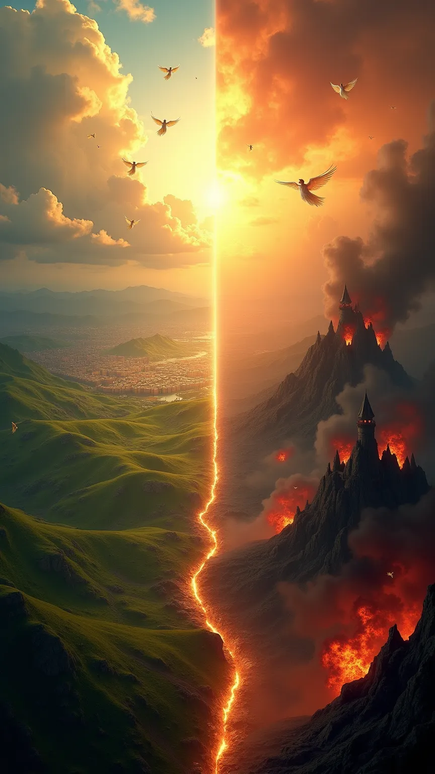 Influence, dividing a landscape: On the left side green meadows, glowing cities and a golden sky with floating angels. on the right side a gloomy, scorched earth with dark fortresses, red clouds and blazing flames.