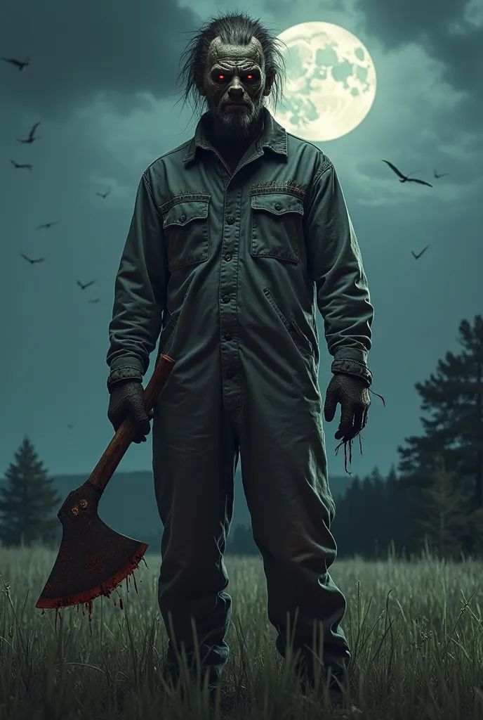 (photorealism:1.2), a killer from a horror movie, standing in a meadow at night, with an axe, dressed in an old workman's suit, wearing a mask on his head covered with hair that goes over the whole face except for the eyes.