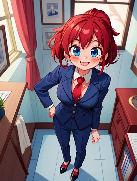 (masterpiece, best quality), 1girl, dark blue marine formal full suit, red tie, dark blue marine formal pants, black formal shoes, red hair, two ponytails, cute face, blue eyes, standing, indoors, intricate detail, in work office, smile, blush, coquette, g...