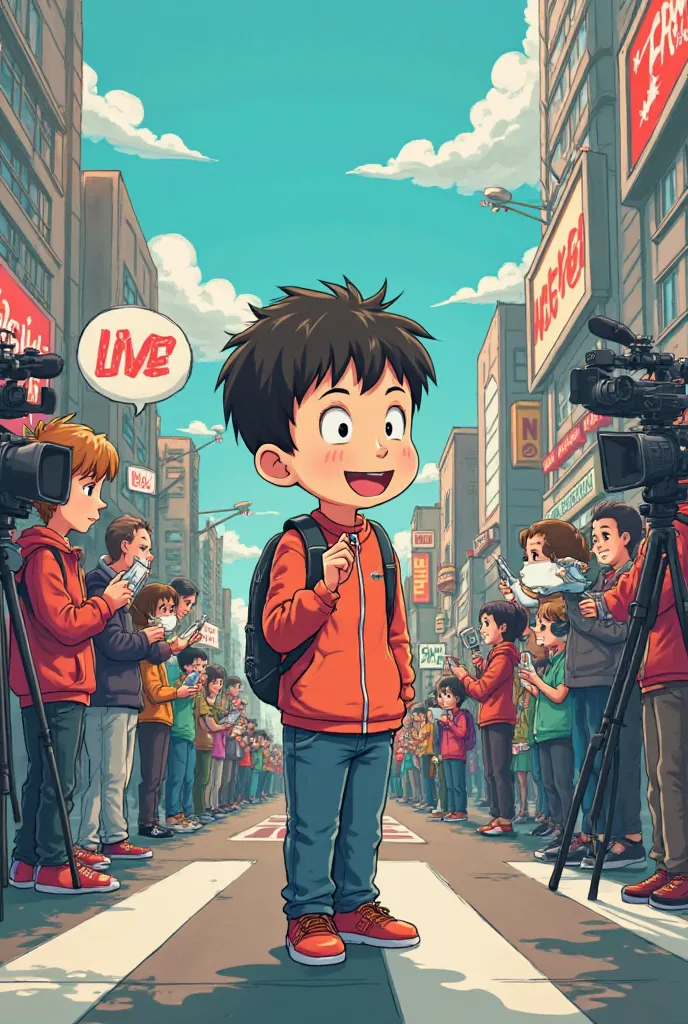 **Detailed description:**  
- ** Size :** 4480×6720 (vertical scale,  portrait).  
- ** Style :** animated color bright, soft lines, funny style or anime.  
- ** content :**  
- A young boy himself with animation is beating himself in the ass
- Surrounded ...