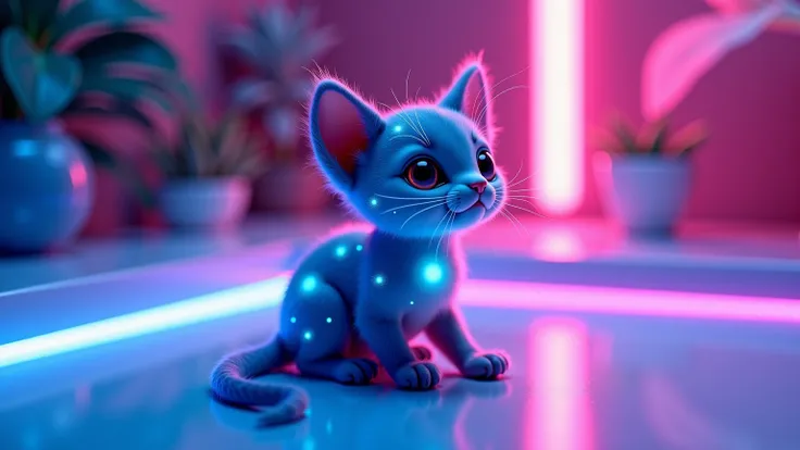 A tiny, short-legged kitten with smooth short fur, glowing blue and pink patterns, sitting on a futuristic neon-lit floor, dreamy lighting, ultra-realistic, high detail, 8K, cinematic composition.