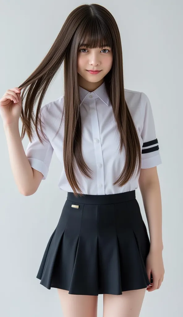     Silky Smooth Hair    、 his hairstyle is straight 、Long Hair That Reaches to the Chest、 、miniskirt、bangs、ponytail、(Hairstyle with hair tied at the back、ponytail)、uniform