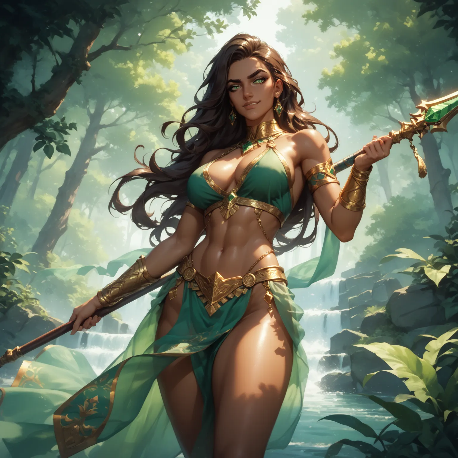 ((Oil painting style, Masterpiece)) centaur, female, glossy skin, wearing a sheer loin cloth, slight bulge, casual pose, caramel-colored skin, emerald colored eyes, slight smirk, square jaw, shoulder lenght hair, fierce expression, holding spear, inside lu...