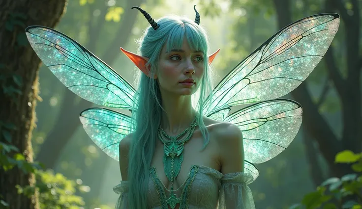  elven woman, light green skin, glowing blue eyes, Light blue hair, short black antennae on her head, iridescent dragonfly wings on her back, in a mystical forest