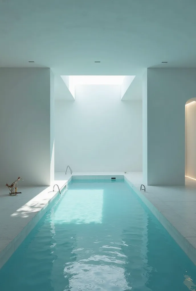  Liminal Space　Pool images　Nobody's Space 　There is a sense of cleanliness and a white atmosphere　There is only dim lighting indoors。An enclosed space