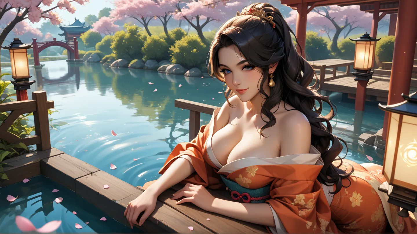 A mesmerizing and seductive female samurai stands confidently at the center, radiating both elegance and danger. Her loosely draped kimono reveals her toned curves, blending traditional Japanese fashion with a sensual modern twist. The silky fabric hugs he...