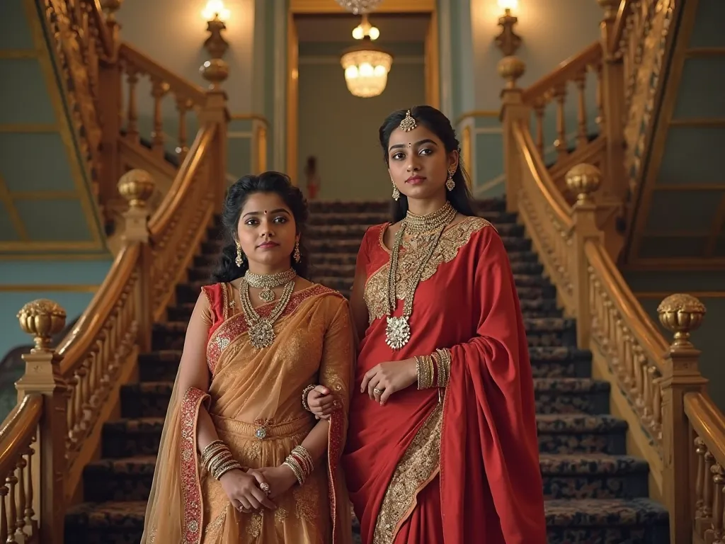 The scene unfolds in the majestic staircase of a north indian palace of 1940s. A 30 year old plump indian queen who looks like Kangana ranaut, and her  cute and handsome 16year old son stands elegantly on the stairway. both are in majestic attire and ornam...