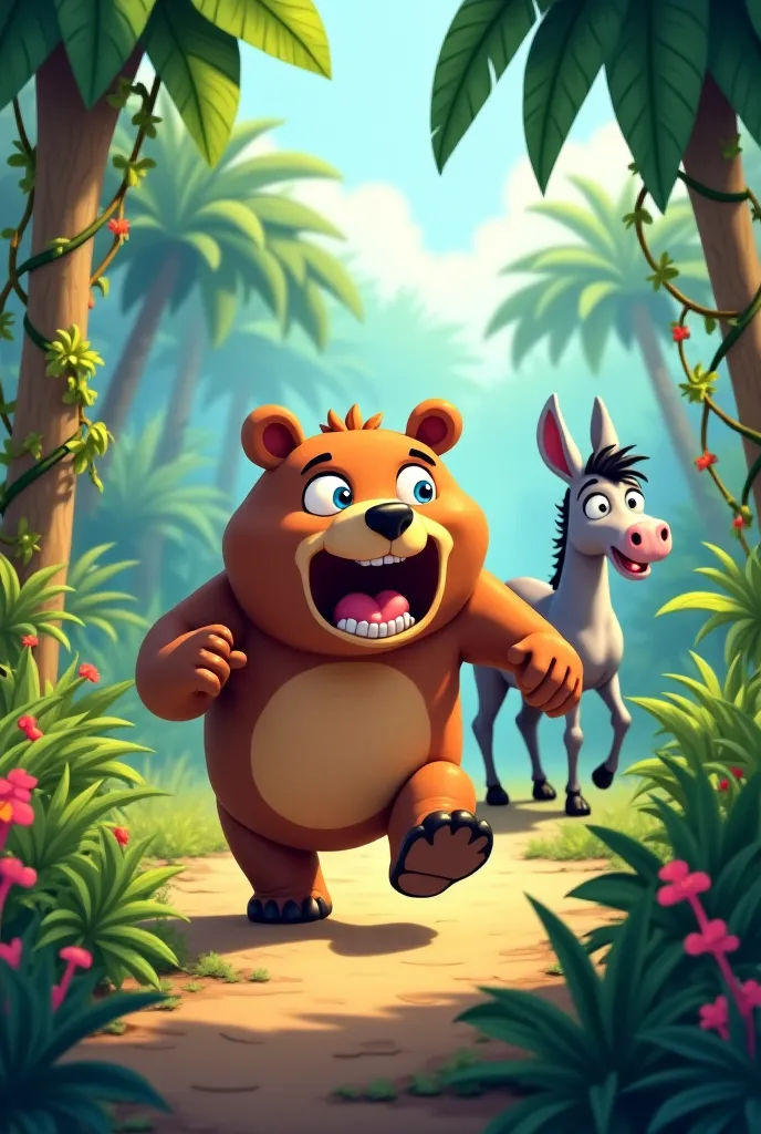 A cartoon-style bear running away at full speed through the jungle, his face showing panic. The donkey stands in the background, still singing happily, unaware of the bear’s reaction."
