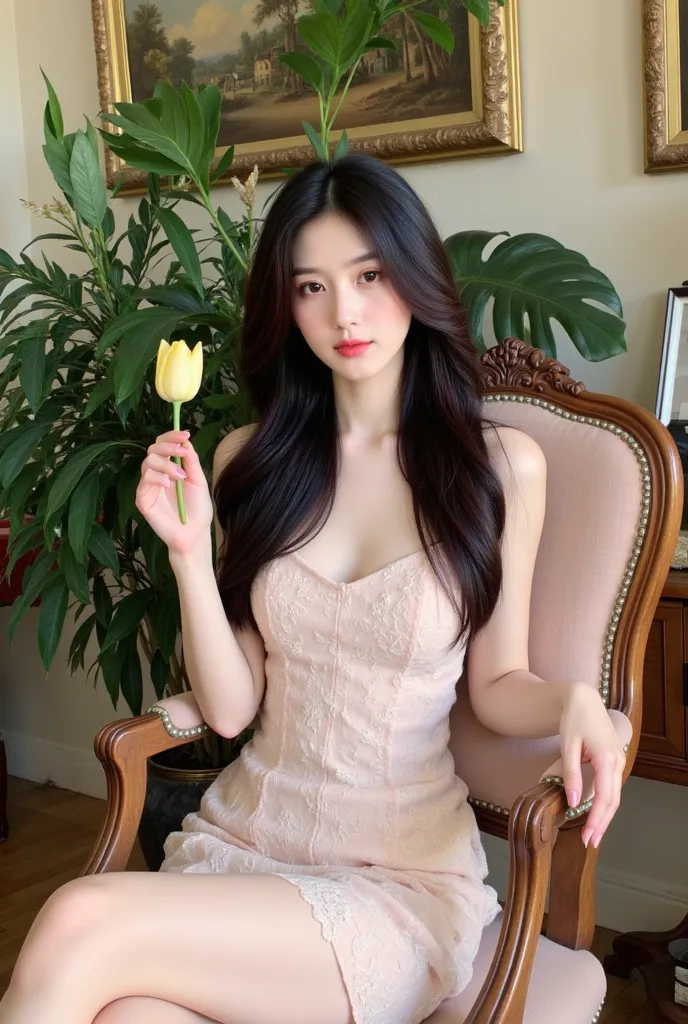 a woman sitting on a chair with elegant style. She wore a light pink lace dress and held a light yellow tulip in her hand. The background has many green trees and wall paintings, creating a gentle, sophisticated space. The exterior and interior have a clas...