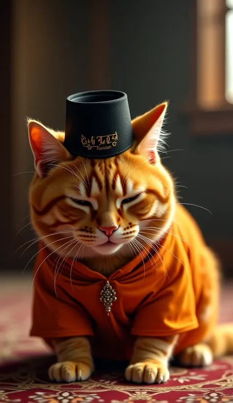 Orange cat wears orange shirt and black peci again prostrates during prayer