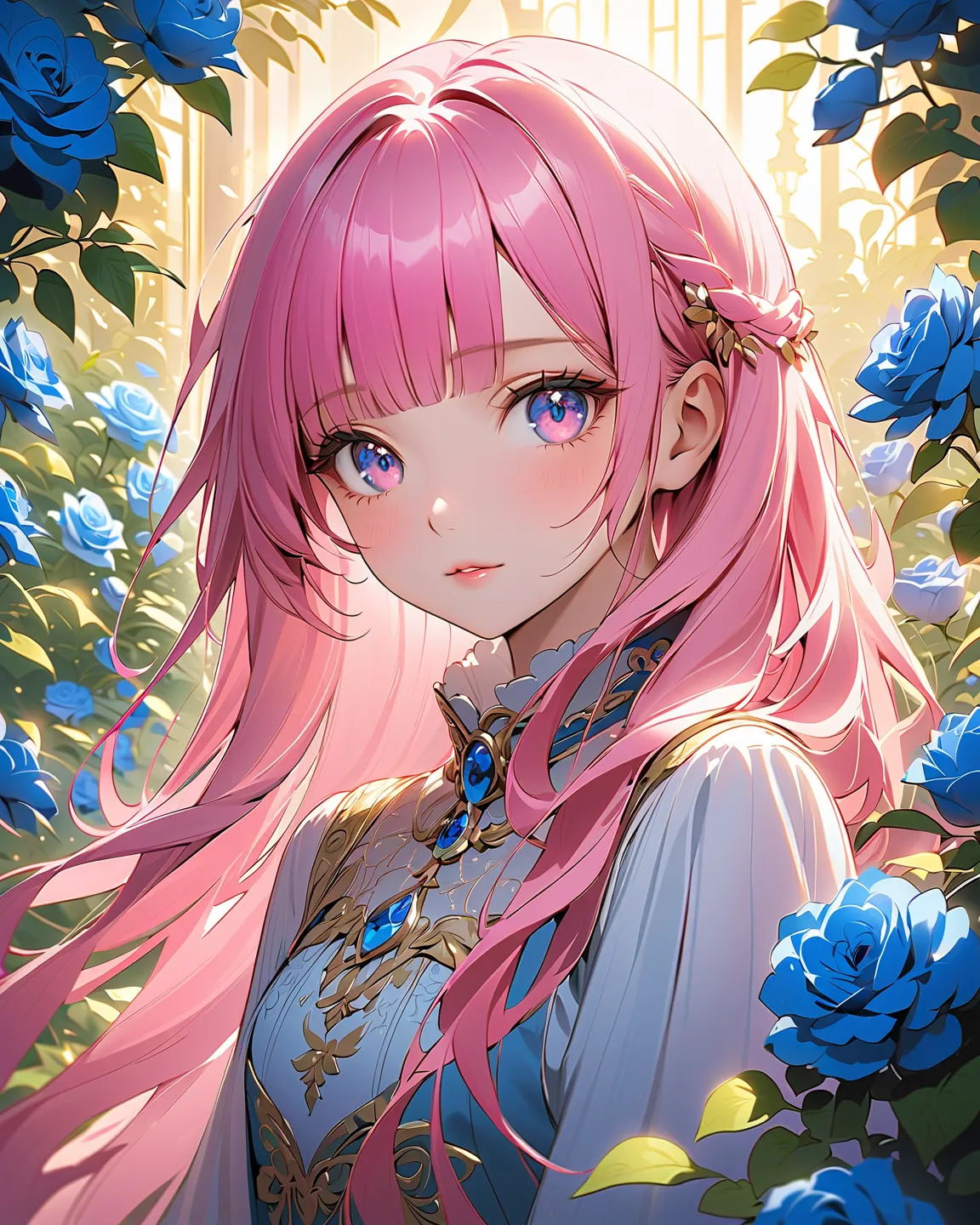  1 girl 、pink hair near MM、LONG HAIR、With bangs、long sleeve dress with collar、Hi-Res, FlowerGarden、BLUEROSE、high definition model,