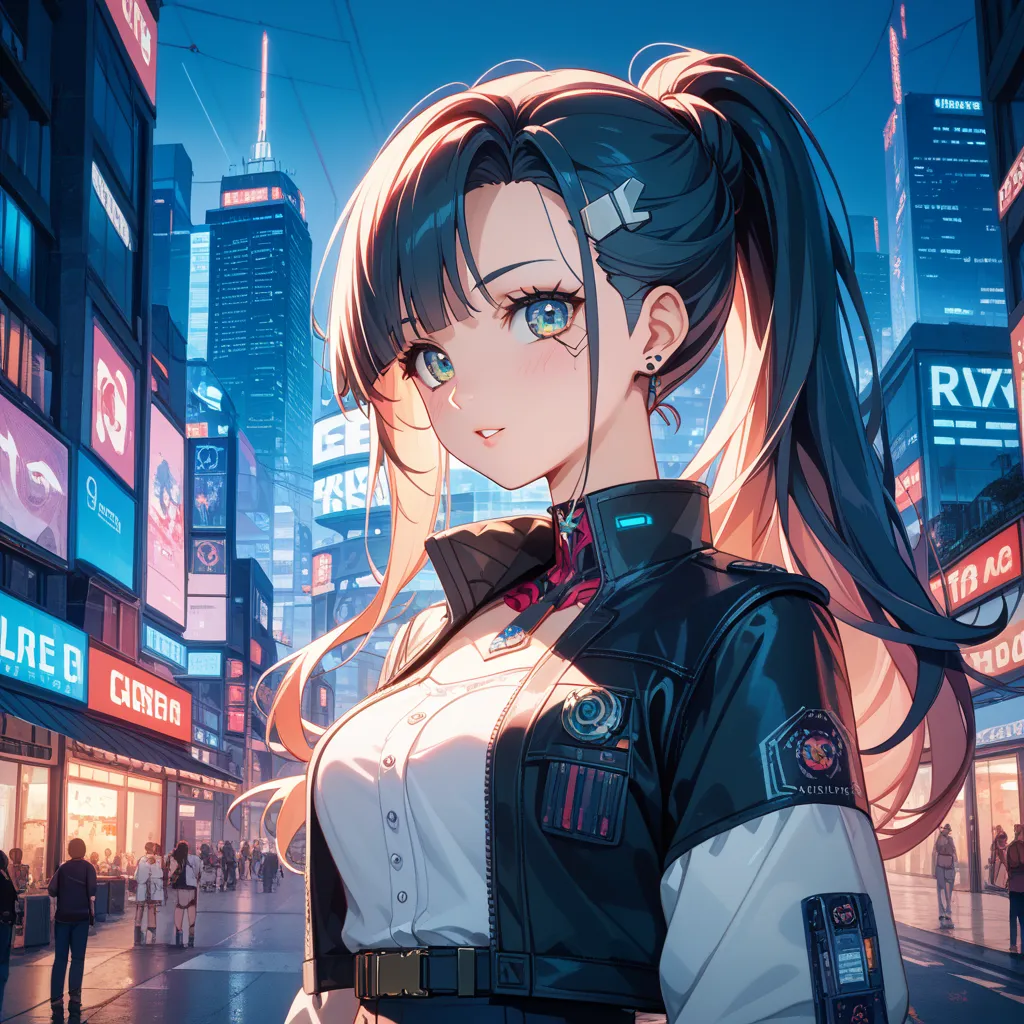 complicated、Super Detail、100 layers 、amazing quality、 excellent、{{{{Ultra High Resolution}}}}、{{{high-definition anime}}},、,best quality, very aesthetic, ultra-detailed, best illustration,best quality, There is a cyberpunk robot behind a cute elementary sc...