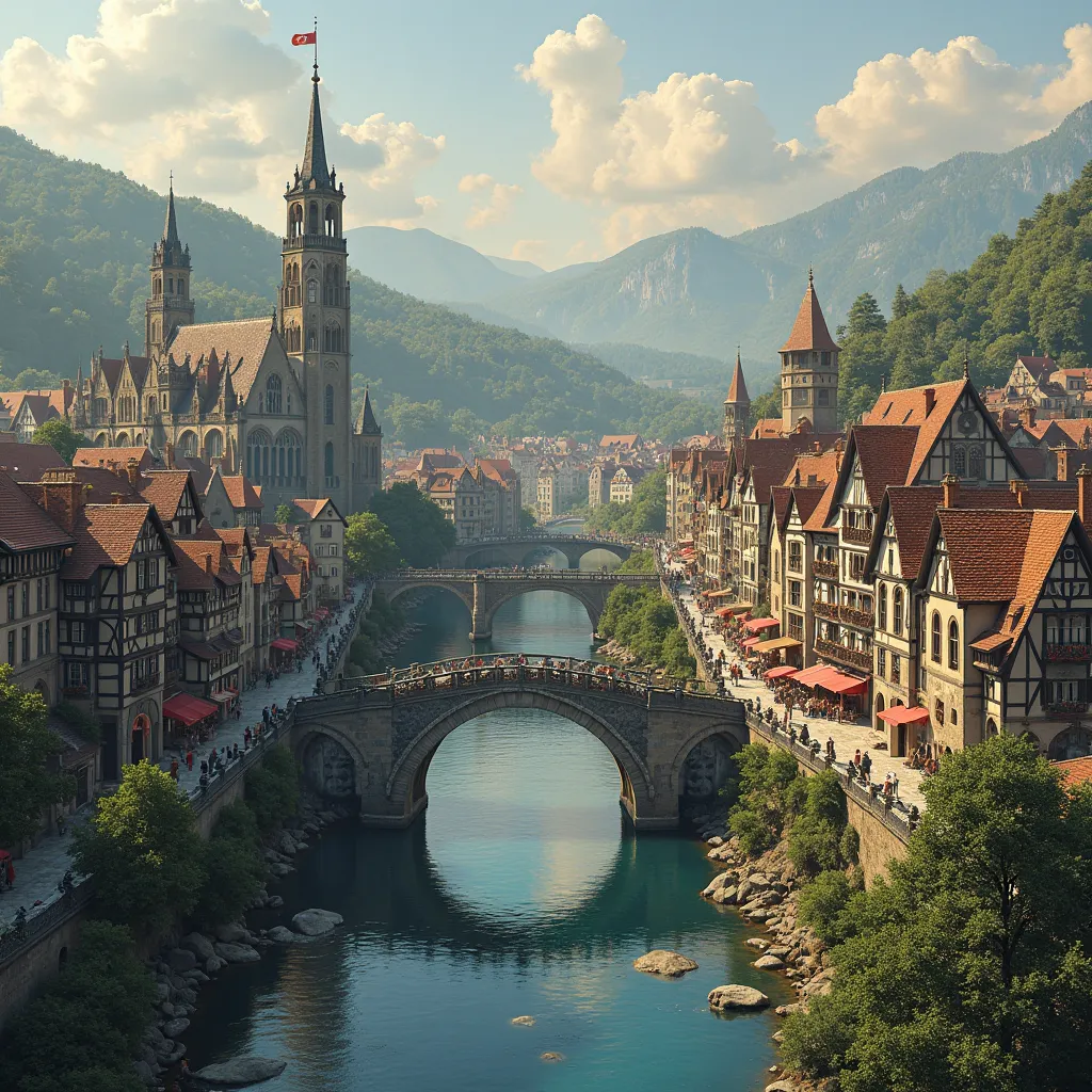 Medieval city background with a bridge.