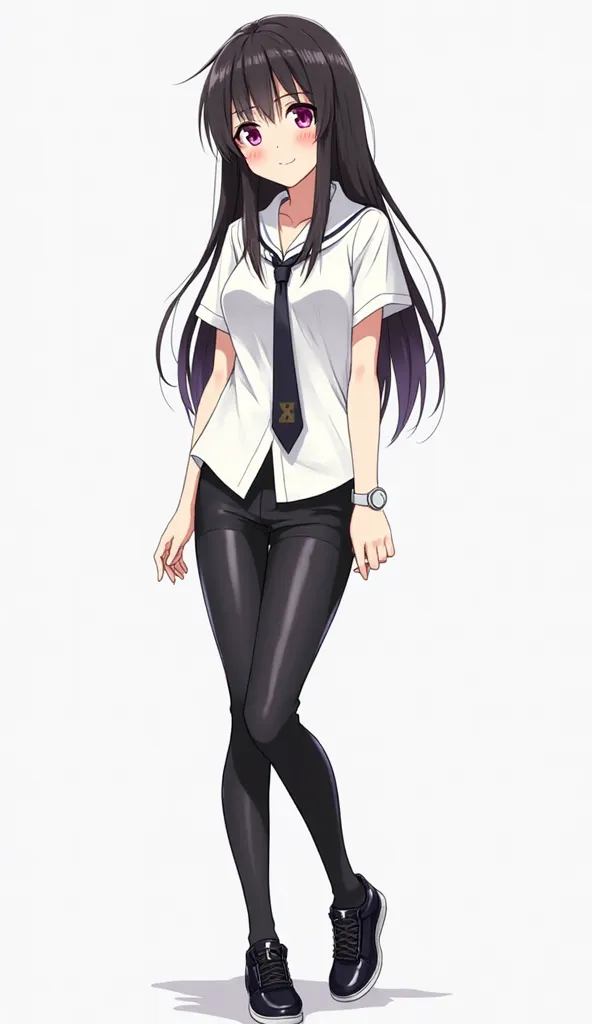 Japanese anime adolescent woman with long straight black hair and intense magenta eyes and wears a white watch on her left wrist and wears a white short-sleeved shirt and black tie., black leggings made of shiny material (similar to leather or latex) and b...