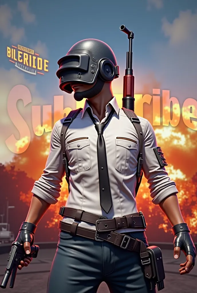 Create me a personal image of Victor . The one in the PUBG game smiles 
Behind it is the word subscribe in the PUBG CONCURWIDE and it has 
He holds the concur logo high in his hand 