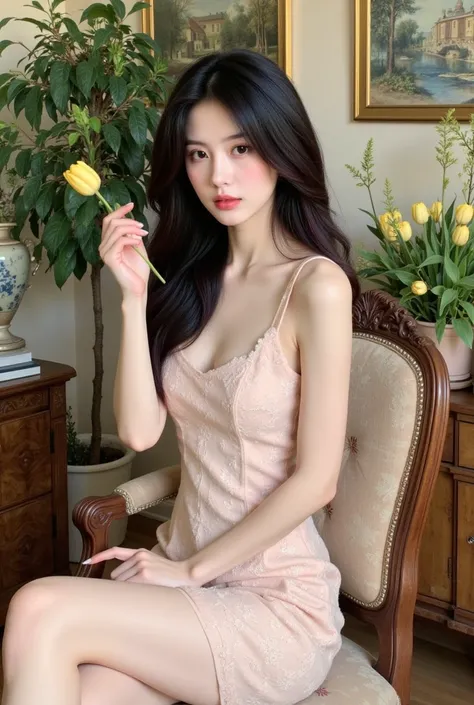 a woman sitting on a chair with elegant style. She wore a light pink lace dress and held a light yellow tulip in her hand. The background has many green trees and wall paintings, creating a gentle, sophisticated space. The exterior and interior have a clas...