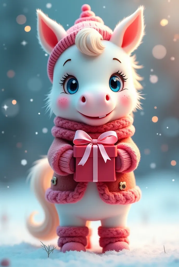 cute and playful full-size horse, 1 The horse should have a friendly expression, a beautiful, big mane, tail, big, blue, sparkling eyes and a fun cartoon style that everyone will love. white pony of gentle color, holding a small red gift tied with a silk p...