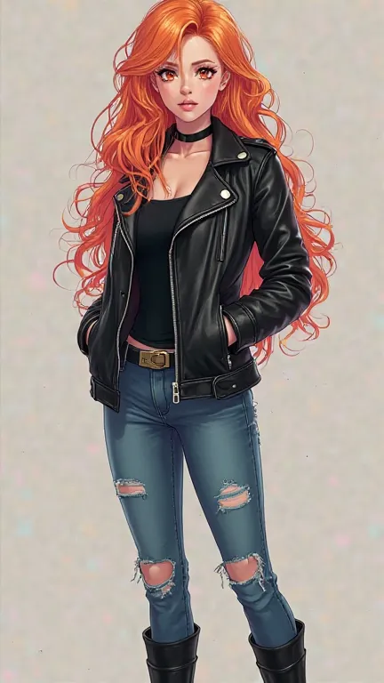 1 woman [appearance= long hair, color blonde and red.  orange-eyed .  21 years old. height: 164 cm .] [Clothes= black leather jacket, jeans, black boots,  choker ] (Full Body Plane) Anime Style,  Precise,  super detailed ,  tall details , high resolution i...