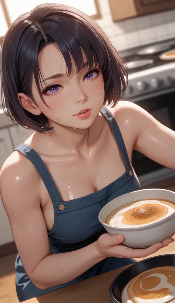 high quality,4k real,Details,pie pan, crouch,a lot of sweat,Soup,Anime Beautiful Girl,short hair,Bokeh,Soft colors,Delicate Textures,1 girl,pee,Pee,sweaty,Soup立つ,anime style,portrait