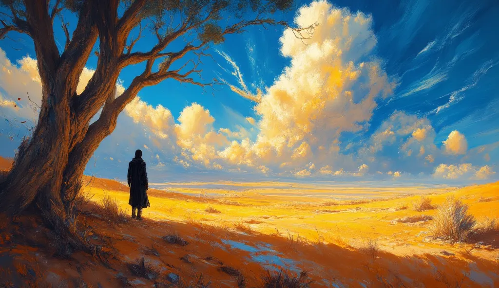 This landscape painting presents a lone figure in the foreground, dressed in dark attire, standing amidst a sprawling desert characterized by vibrant golden hues. To the left, a thick, gnarled tree adds depth and complexity to the scene. The sky is alive w...