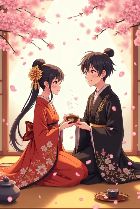 dreamy anime-style illustration, (adorable noble couple in traditional Heian-era attire:1.3), (elegant male in black floral kimono and eboshi:1.3), (graceful female in a vibrant multi-layered kimono with golden embroidery:1.3), (soft and warm lighting with...