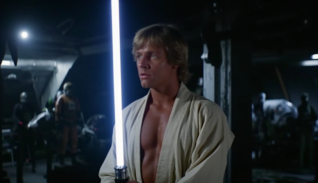 A highly detailed cinematic mid-body close-up of Luke Skywalker, standing in a dramatic Star Wars environment. His lightsaber is ignited, casting a soft glow on his torso and hands. The shot captures his upper body and part of his waist, highlighting his J...