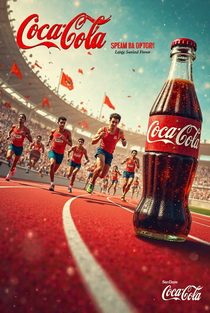 ChatGPT

You said:
Design a poster for me , mention it's title COCA COLA हौसले की नई लहर! Artist Avtaar B 
This is a add film poster for coca cola soft drinks. In the centre show players running on track and audience on the stairs hooting and encourage the...