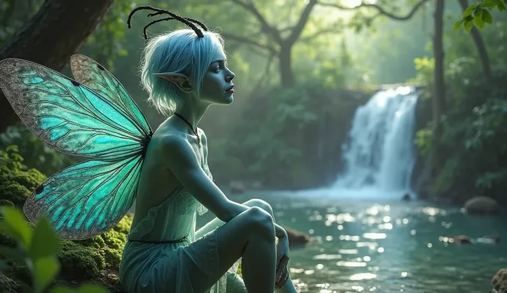  elven woman, light green skin, glowing blue eyes, Light blue hair, short black antennae on her head, iridescent dragonfly wings on her back, at the edge of a mystical forest sitting next to a small lake with a waterfall