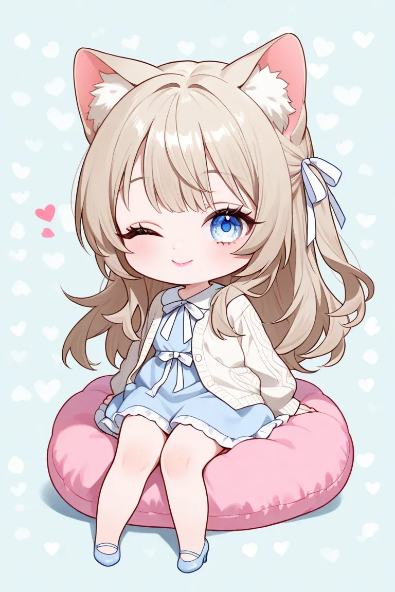 Heart Background、Electronic Sound(note)、Now Available( music)、Playing (sing)、watercolor、 white、fluffy、Cat ears、beautiful face、fluffy cushion、 sit down 、beige hair、LONG HAIR、heterochromia,white eye,light blue eye、fluffy black dress、 pumps、white ribbon cardi...