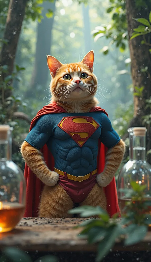 Create a realistic drawing of a MUSCLE ADULT ORANGE CAT WEARING A SUPERMAN COSTUME with a surprised facial expression. Laboratory background with some Laboratory bottles in the forest