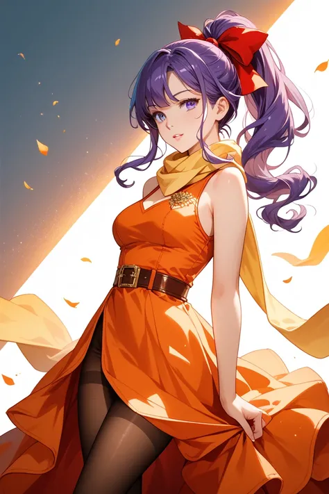 1girl, Ponytail, red ribbon, purple hair, long hair, orange dress, belt, boots, tights, yellow scarf, sleeveless,