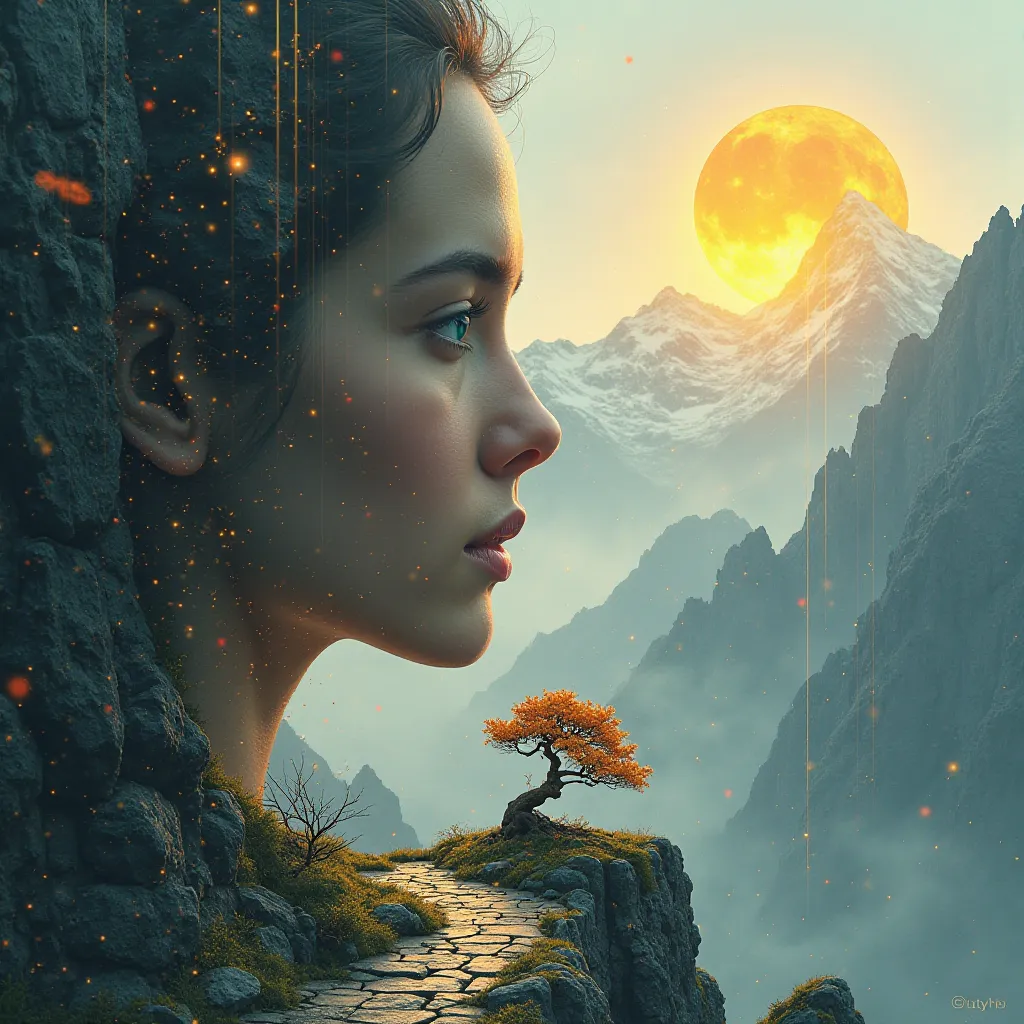 CLOSEUP WIDEANGLE of A mesmerizing double-exposure portrait that seamlessly fuses a woman’s side profile with a rugged, mystical mountainous landscape—now transformed by a pair of celestial twin suns in the top right. One small sun radiates a warm, yellowi...