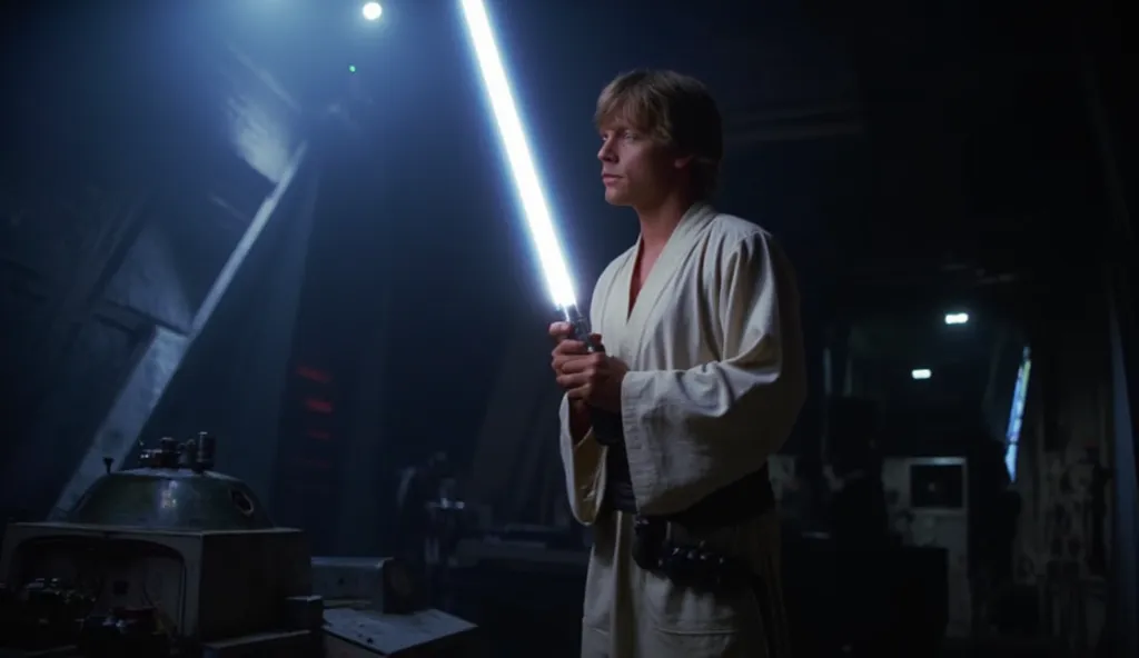 A highly detailed cinematic mid-body close-up of Luke Skywalker, standing in a dramatic Star Wars environment. His lightsaber is ignited, casting a soft glow on his torso and hands. The shot captures his upper body and part of his waist, highlighting his J...