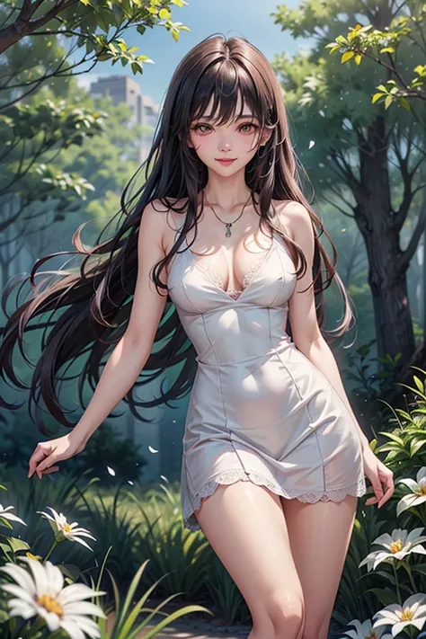 (masterpiece, Best Quality, 8k, Hi-Res), 1 young woman, beautiful face, thin, slender, long, beautiful brown eyes, pink lips, Beautiful Nose, Brown-black long hair , Perfect face , perfect style, smile,  best anime girl , Grassland with forests, walk, Colo...