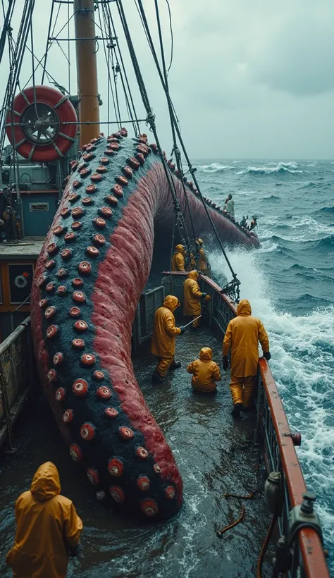 A hyper-realistic scene that captures a moment of chaos aboard a fishing boat like a huge,
thick, Kraken's red and black tentacle hits the wet deck. The monstrous member, rays covered
on massive suction cups, with seawater as it surrounds a grid, folding t...