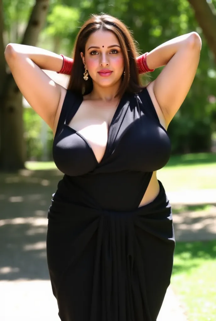 A beautiful Indian milf, extremely pale white skin, blushing face, light brown hair, straight slick hair, huge pink lips, wearing sleeveless black saree and wearing a sleeveless black blouse, huge cleavage, huge enormous breasts, thick curvy figure, chubby...