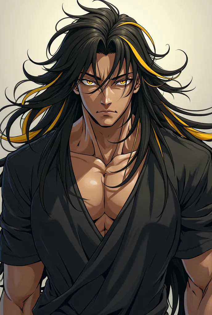 anime male,Big body,long hair,yellow hair,black hair hightlight,yellow eyes,Eyelid palpation,Still face