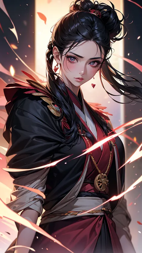 Highest quality, Ultra-high resolution, (realistic: 1.4), beautiful Eyes, Super beautiful women,30 years old、 beautiful, magician, Japanese Clothing、((Black Hair、Updo Hair)),Red and pink tones、inflammation、beautiful Soldier, Inviting eyes, spouse&#39;Persp...