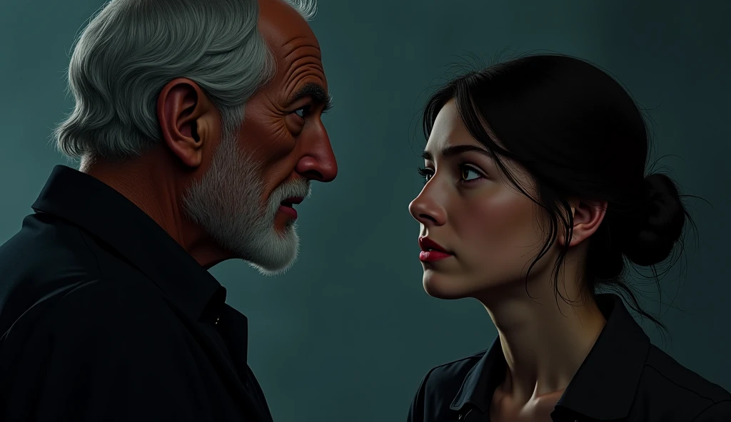 A closer, more intimate illustration focusing on the older man who speaks to Evelyn. He is weathered, his face lined with age, and his eyes darker than the others around him. He stands slightly apart from the vacant crowd, exuding an air of quiet wisdom. T...