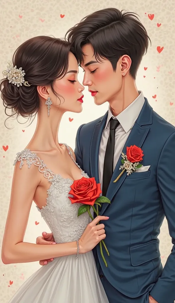 This picture delicately depicts a couple，It creates a warm and romantic atmosphere。A woman in the picture is wearing a delicate white dress，The neckline is adorned with lovely flower folds Side，More feminine。wearing a fine bracelet on her wrist，The earring...