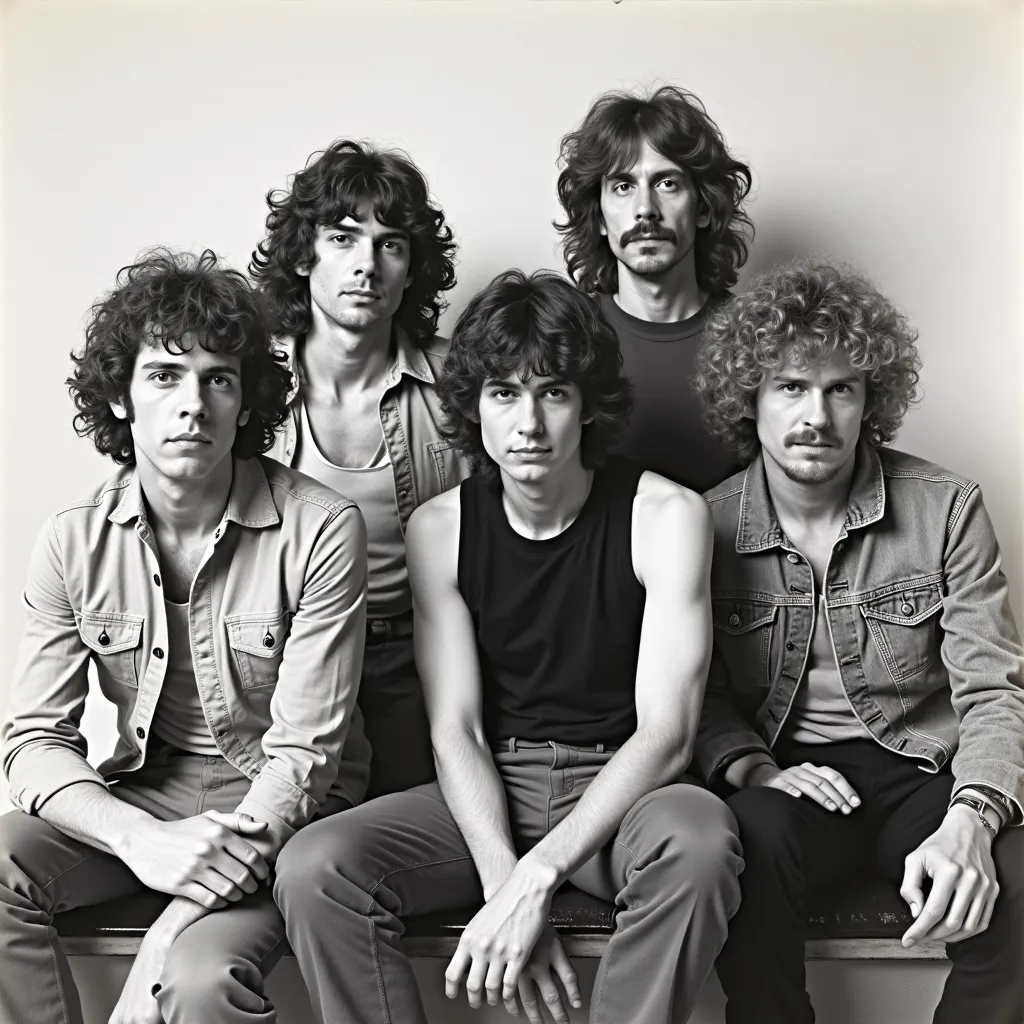 other picturesFull black and white shot of the band Queen, likely from the album cover for "The Works." 


Four band members are seated in a studio-style pose. Shadows are cast on the light-toned background, highlighting their figures. 


From left to righ...